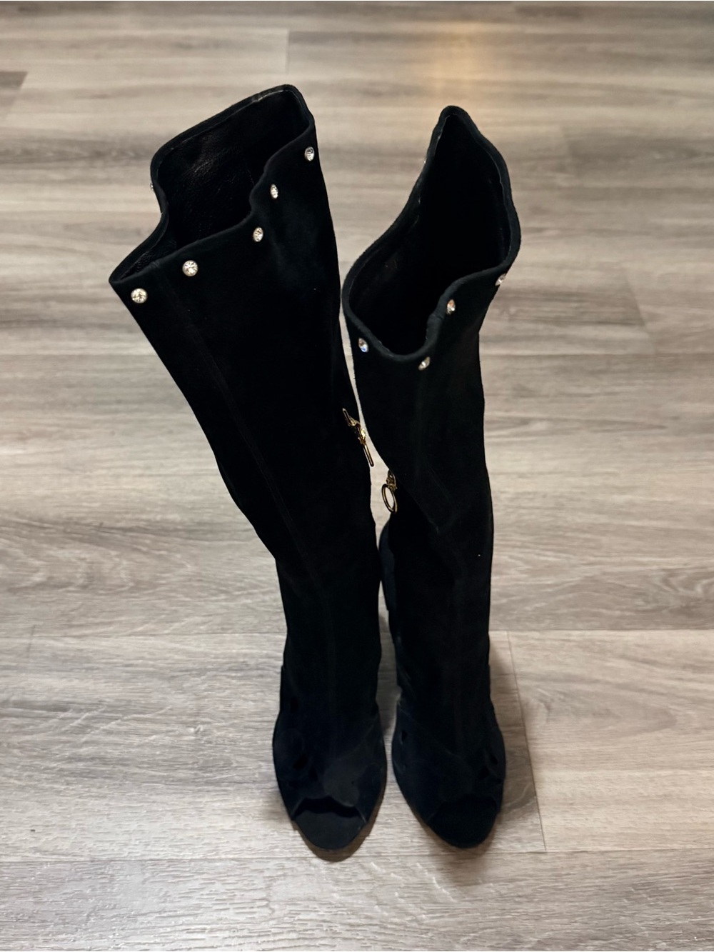 Versace Black Suede Over-the-Knee Boots with Crystal Studs
